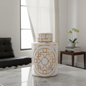 Elegante jarra decorativa de cerâmica branca e dourada - decoração artesanal para casa imagem 2