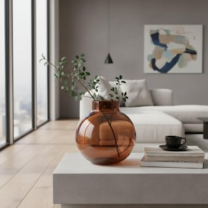 Elegante jarrón pequeño y redondo de cristal marrón - Decoración moderna de lujo