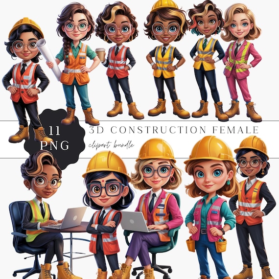 3D Women in Construction Clipart Bundle: Engineer, Architect (11 PNG)