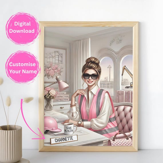 Construction Woman Portrait: Personalized Boss Babe Office Art (Digital Download)