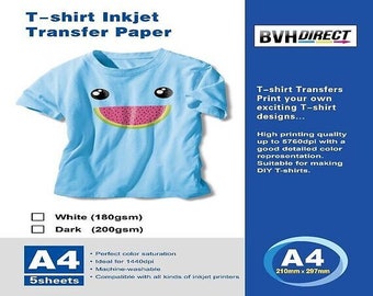 5 A4 T shirt transfer paper iron on dark fabrics heat press inkjet print 200gsm
