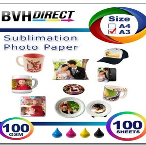May include: A pack of 100 sheets of A3 sublimation photo paper, 100 gsm, with a variety of sublimation blanks, including mugs, cushions, hats, and phone cases. The paper is for use with dye sublimation printers.