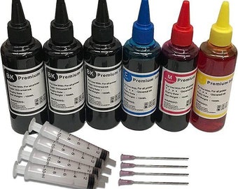 6 100ml Black Cyan Magenta Yellow Bottled Compatible with HP, Canon, Brother, LEXMARK and epson Ink Refillable Cartridge Sytems