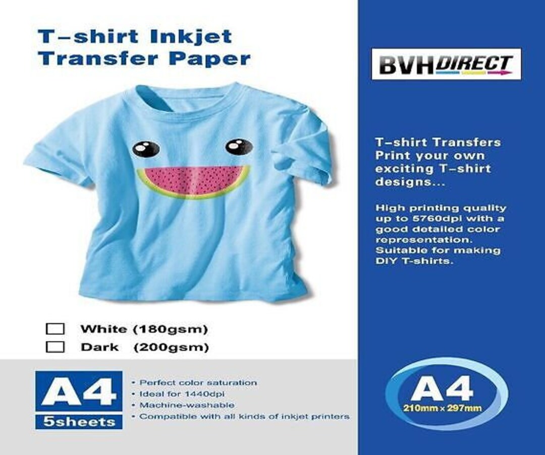 5 X A4 T Shirt Transfer Paper Iron on Light Fabrics Heat Press Etsy