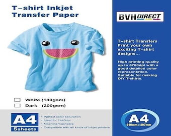 5 X A4 T shirt transfer paper iron on light fabrics heat press inkjet print 180g