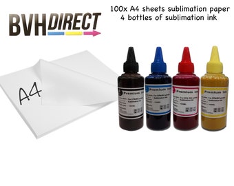 Sublimation ink and paper kit 4 bottles of sublimation ink and 100 sheets of A4 sublimation paper