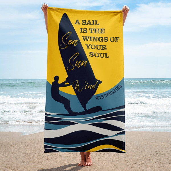 Windsurfer Badetuch und Spruch "a sail is the wings of your soul", 76 x 152 cm bedrucktes Strandtuch Meer, Sonne, Wind – Windsurfer Geschenk