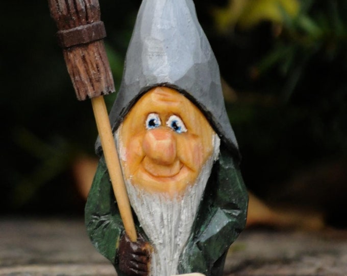 Hand-Carved Swedish Nisse with Broom and Spoon – Unique Nordic Gnome Figurine by Liljas Scandinavian Handicraft
