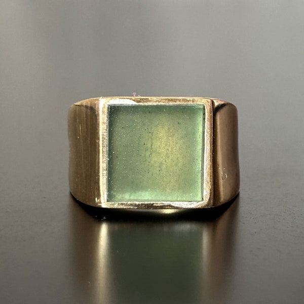 Handmade Golden Jade Ring for Mens wedding ring jewelry Green Gold Signet Rings for men in 925 silver, Green agate square cut signet ring