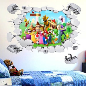 May include: A 3D wall decal featuring characters from the Super Mario Bros. video game series. The characters are depicted in a 3D style, as if they are breaking through the wall. The decal is ideal for adding a fun and whimsical touch to any room.