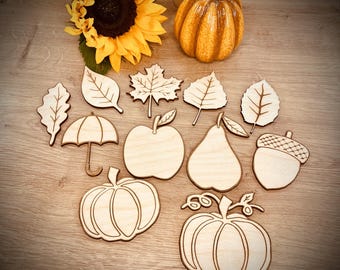 Archivo láser de decoración otoñal: hojas, calabaza, manzana, bellota: decoración de madera DIY perfecta para otoño en archivos DXF, SVG, ai, pdf y Lightburn.