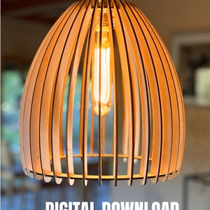 May include: A wooden pendant light fixture with a round, cage-like design. The light fixture is made of thin, horizontal slats of wood and has a warm, natural wood finish. The light fixture is hanging from a ceiling and has a light bulb inside.