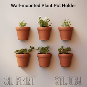 Puede incluir: Soporte para macetas de pared con seis macetas de terracota, cada una con una pequeña planta. Las macetas están dispuestas en dos filas de tres. El texto "3D PRINT" y "STL OBJ" está en la parte inferior de la imagen.
