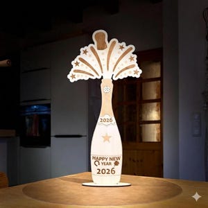 Può includere: Decorazione in legno a forma di bottiglia di champagne con l'anno 2026 e la scritta "Happy New Year". La parte superiore presenta un design a scoppio con stelle. La decorazione è realizzata in legno chiaro e poggia su una base rotonda.