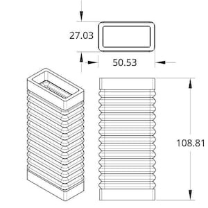 Puede incluir: Dibujo técnico de un objeto rectangular corrugado. Dimensiones: 2,70 x 5,05 cm, y altura de 10,88 cm. El objeto tiene una parte superior e inferior rectangulares con un cuerpo acanalado en forma de acordeón.