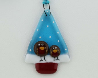 Christmas tree decoration made in fused glass with 2 robins