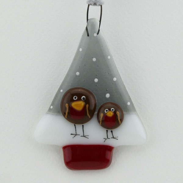 Christmas tree fused glass decoration with 2 robins