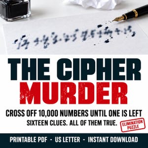 Peut inclure: Un jeu PDF imprimable intitulé THE CIPHER MURDER, un puzzle d'élimination avec le texte CROSS OFF 10,000 NUMBERS UNTIL ONE IS LEFT, SIXTEEN CLUES. ALL OF THEM TRUE. L'image montre un stylo plume, un encrier et du papier avec des taches d'encre.