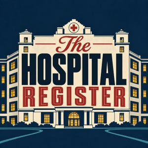 May include: A graphic illustration of a building facade with the text The Hospital Register in large dark blue and red lettering. The building is cream-coloured with a red cross symbol at the top and multiple windows illuminated with yellow light.