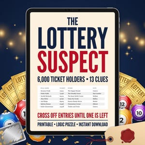 Libro de misterio y asesinato de la lotería - Rompecabezas de eliminación imprimible en PDF - Juego de lógica detectivesca para adultos - El sospechoso de la lotería