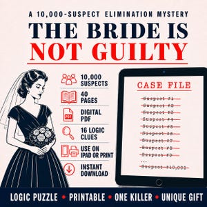 De bruid is onschuldig – Moordmysterie Logica Puzzel PDF, 10.000 verdachten, printbaar detectivespel, iPad puzzel, direct te downloaden