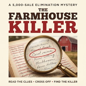 Op de afbeelding: Een spel getiteld A 5,000-Sale Elimination Mystery The Farmhouse Killer met een vergrootglas over een handgeschreven lijst met een rood omcirkeld item, tegen een achtergrond van een rode schuur, met de tekst Read the Clues Cross Off Find the Killer.