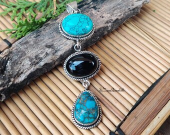925 Sterling Silber Türkis und Onyx Anhänger, Edelsteinschmuck