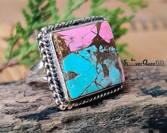 Cotton Candy Pink Dahlie Türkis Ring, Massiv 925 Sterling Silber Einzigartige Handwerker Schmuck