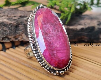 Anillo de rubí, plata de ley 925 maciza, gema, joyería elegante y única, anillo llamativo.