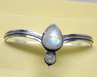 Bracciale rigido in argento sterling con pietra di luna, fatto a mano: bracciale boho a goccia