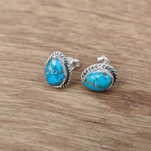 Pear shaped blue copper turquoise silver earrings, silver stud earrings, handmade silver designer earrings, turquoise earrings.