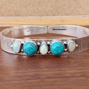Two Round Turquoise Stone and Three Opal Pear Shape Stone Bangle Natural Gemstone Bangle Handmade Designer Bangle 925 Sterling Silver Bangle