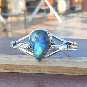 Handmade Labradorite Bangle: 925 Sterling Silver Open Gemstone Bangle