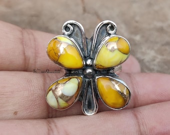 Honey Dahlia Türkis Edelstein Ring 925 Sterling Silber Schmetterling Handwerk Schmuck