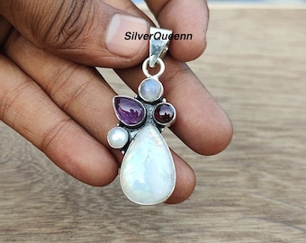 Rainbow Moonstone, Amethyst, Pearl, Garnet Pendant, Solid 925 Sterling Silver, Designer Pendant
