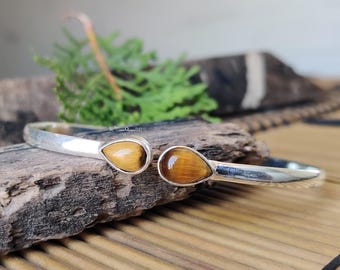 Handcrafted Tiger Eye's Bangle, 925 Sterling Silver Cuff Bracelet, Boho Gemstone Jewelry