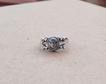 Bague Argent 925 Avec Quartz Rutile Noir Forme Goutte - Neuf Sans Emballage