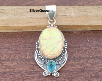 Australian Opal Doublet Pendant: Handmade 925 Sterling Silver, Blue Topaz