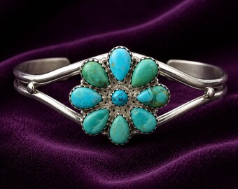 Kingman Türkis Blumen Armreif, 925 Sterling Silber verstellbar Armreif, handgemachte Boho Schmuck neue trending Armreif Frau Geschenk