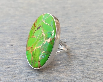 Grüner Kupfer Türkis Ring: Ovales Sterling Silber Band, Boho Stil