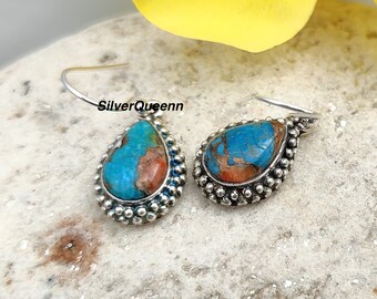 Oyster Copper Turquoise Earrings: 925 Sterling Silver Handmade Jewelry