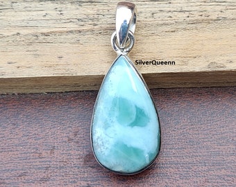 Tropfenförmiger Larimar Anhänger: Natürlicher Edelstein, 925 Sterling Silber