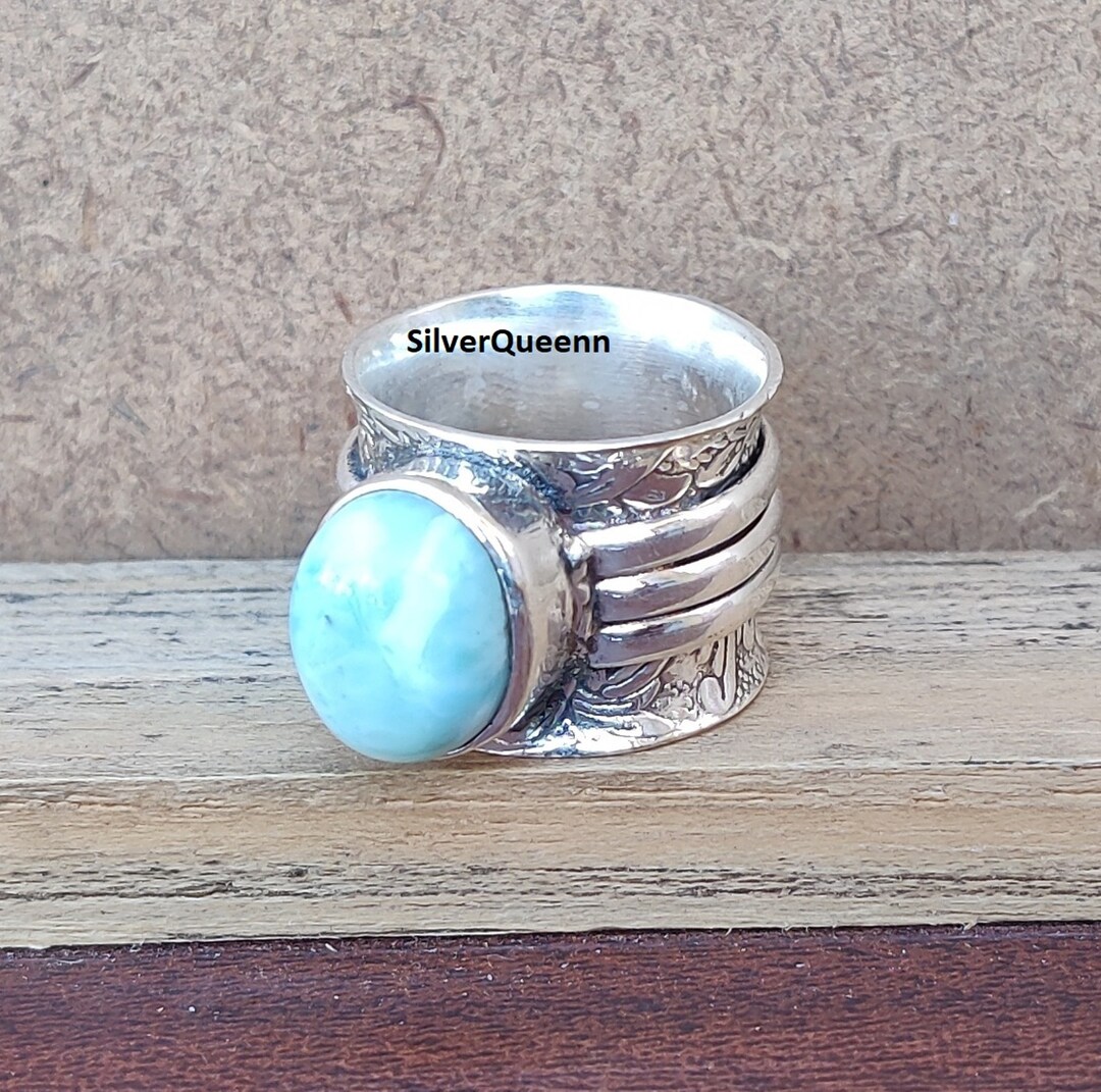 Handmade Oval Larimar Ring: 925 Sterling Silver Boho Band - Etsy UK