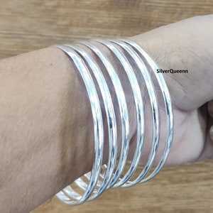 Stacking Silver Bangle Set: 925 Sterling Silver Half Round Bracelets, Gift for Mom