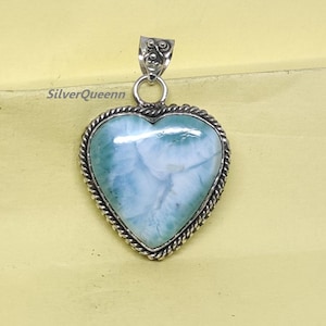 Pendentif en pierre précieuse de larimar naturel, pendentif en forme de coeur, argent sterling 925, cadeau d'anniversaire, cadeau de bijoux en argent, cadeau d'accession à la carte,
