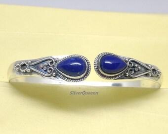 Bracciale rigido in argento sterling e lapislazzuli fatto a mano: bracciale tribale boho