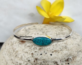 Handmade Turquoise Gemstone Bangle: 925 Sterling Silver Adjustable Cuff