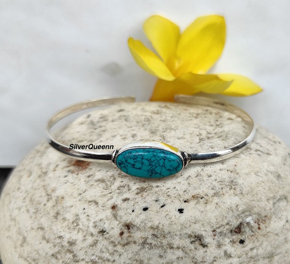 Handmade Turquoise Gemstone Bangle: 925 Sterling Silver Adjustable