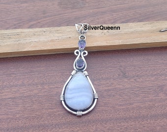 Handmade Blue Lace Agate & Amethyst 925 Sterling Silver Pendant