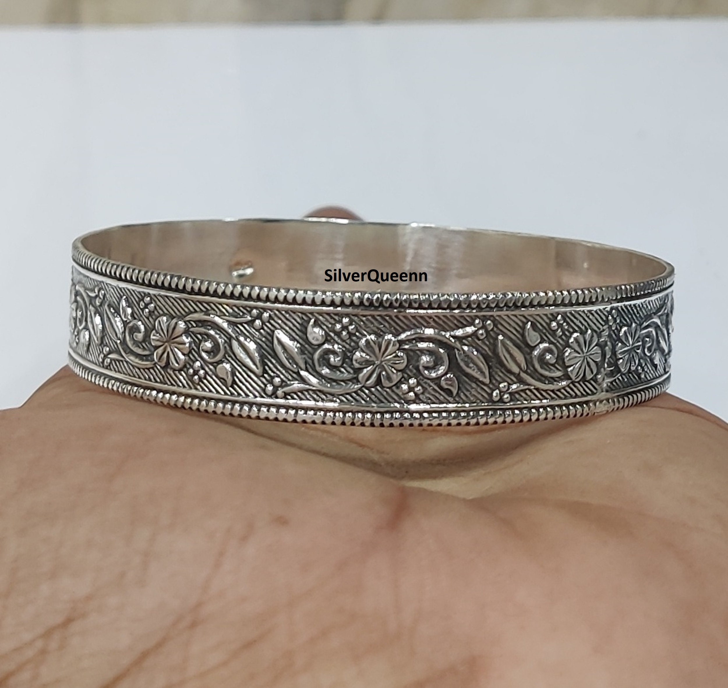 Handmade Floral 925 Sterling Silver Bangle - Etsy